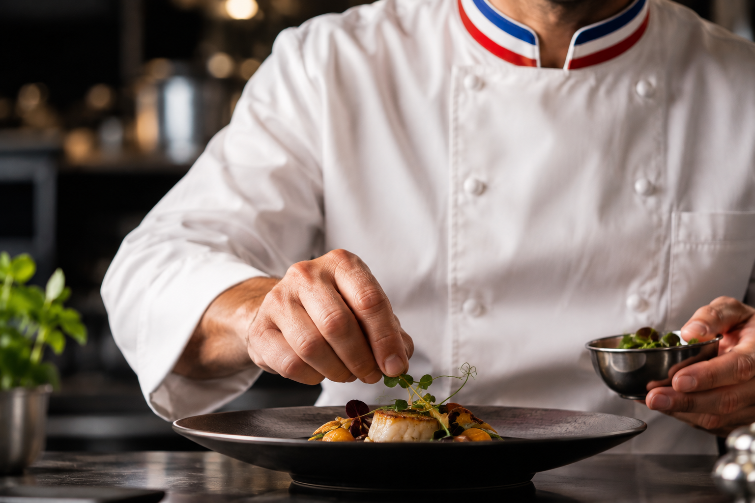 Chef in a white jacket with French tricolour collar, face not visible